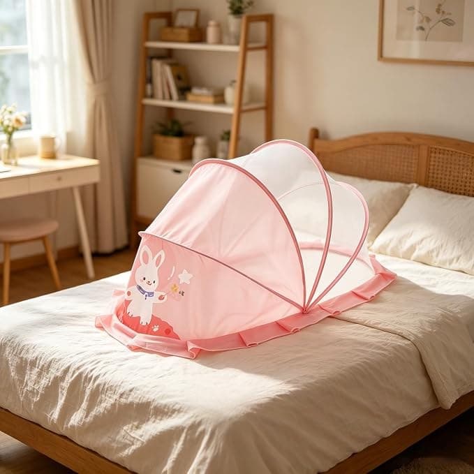 ololiy Pop-Up Baby Mosquito Net – Foldable Bamboo Frame Bed Net with Lace Trim