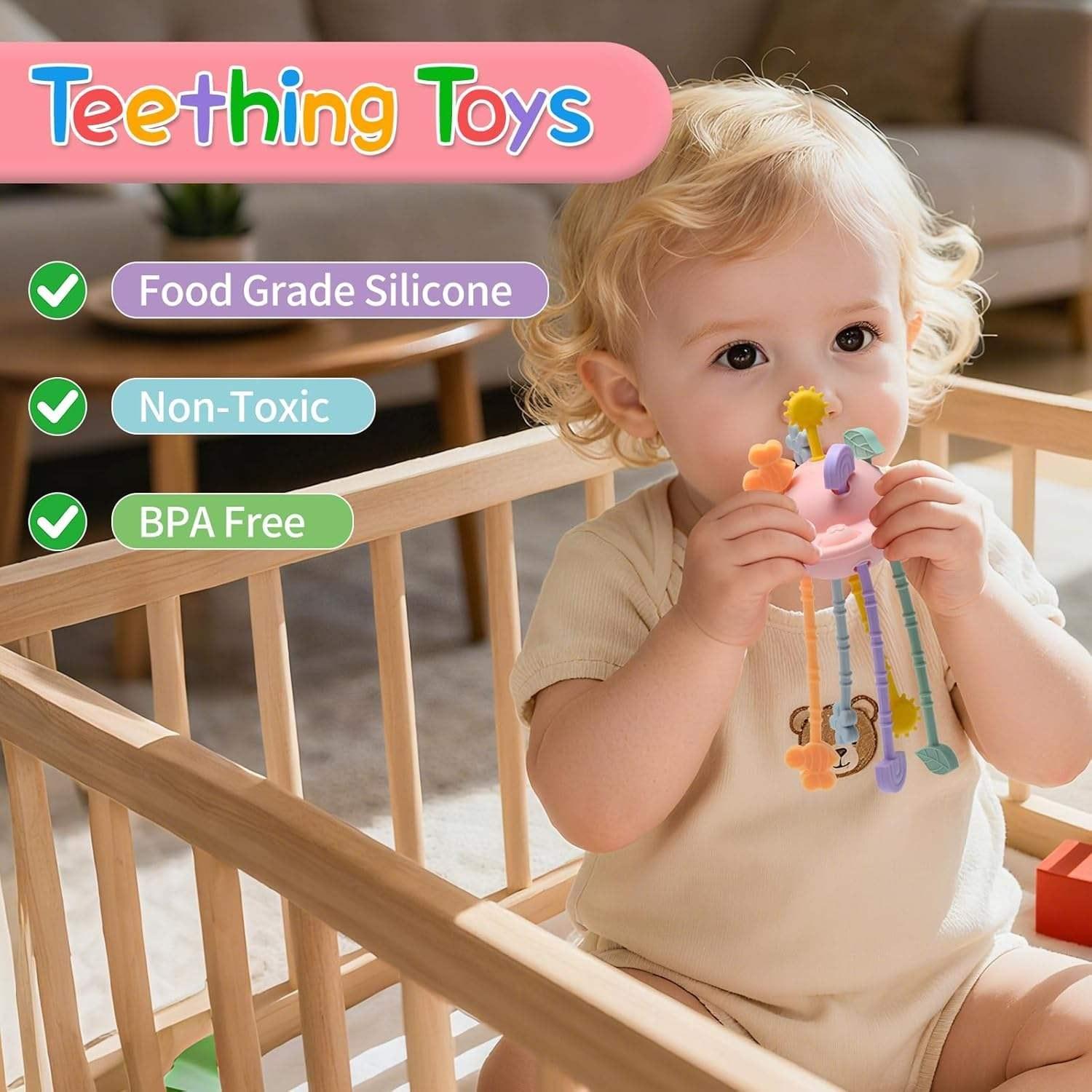 ololiy Montessori Pull String Toy – Silicone Sensory Activity Toy with Spinner & Teether for Babies