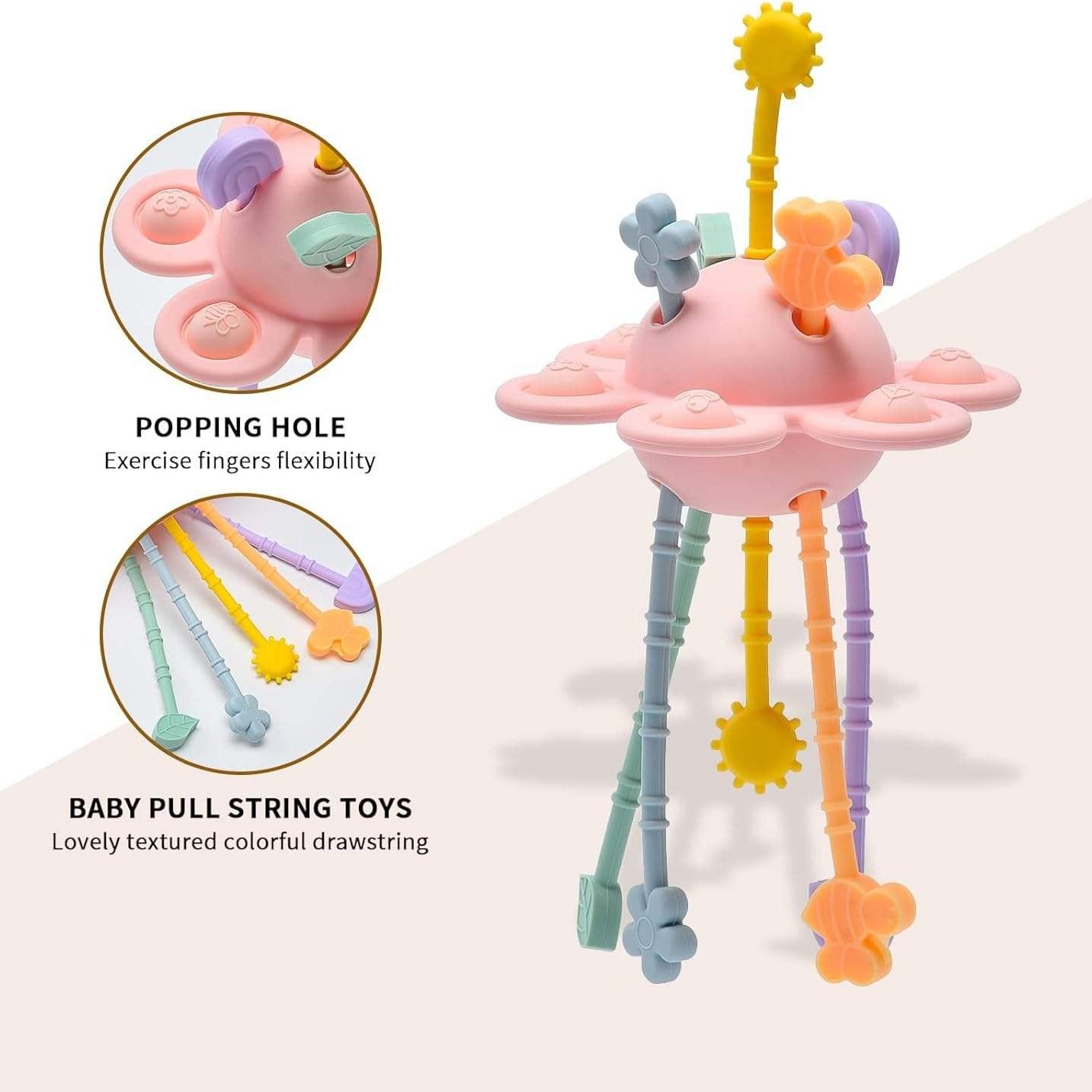ololiy Montessori Pull String Toy – Silicone Sensory Activity Toy with Spinner & Teether for Babies