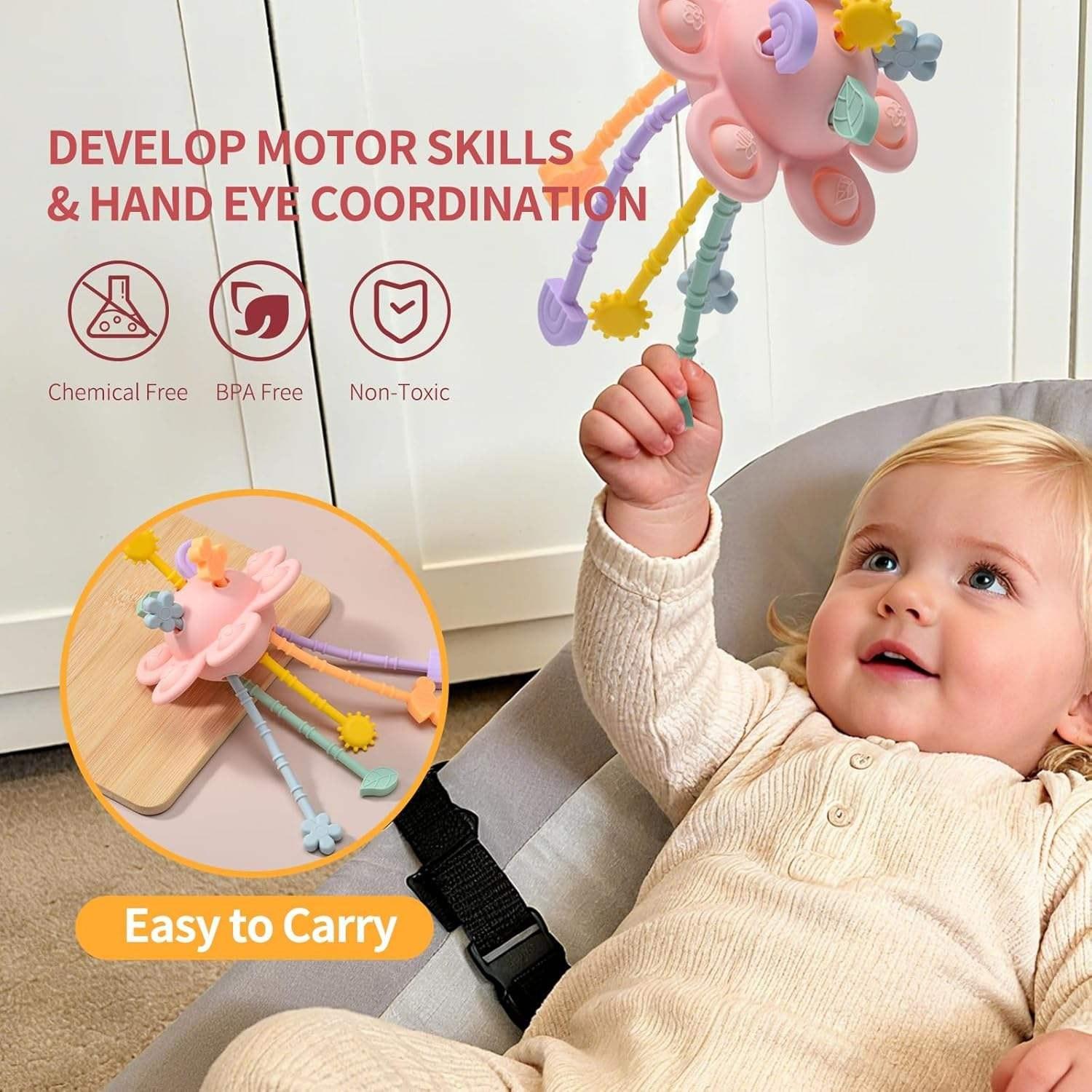 ololiy Montessori Pull String Toy – Silicone Sensory Activity Toy with Spinner & Teether for Babies