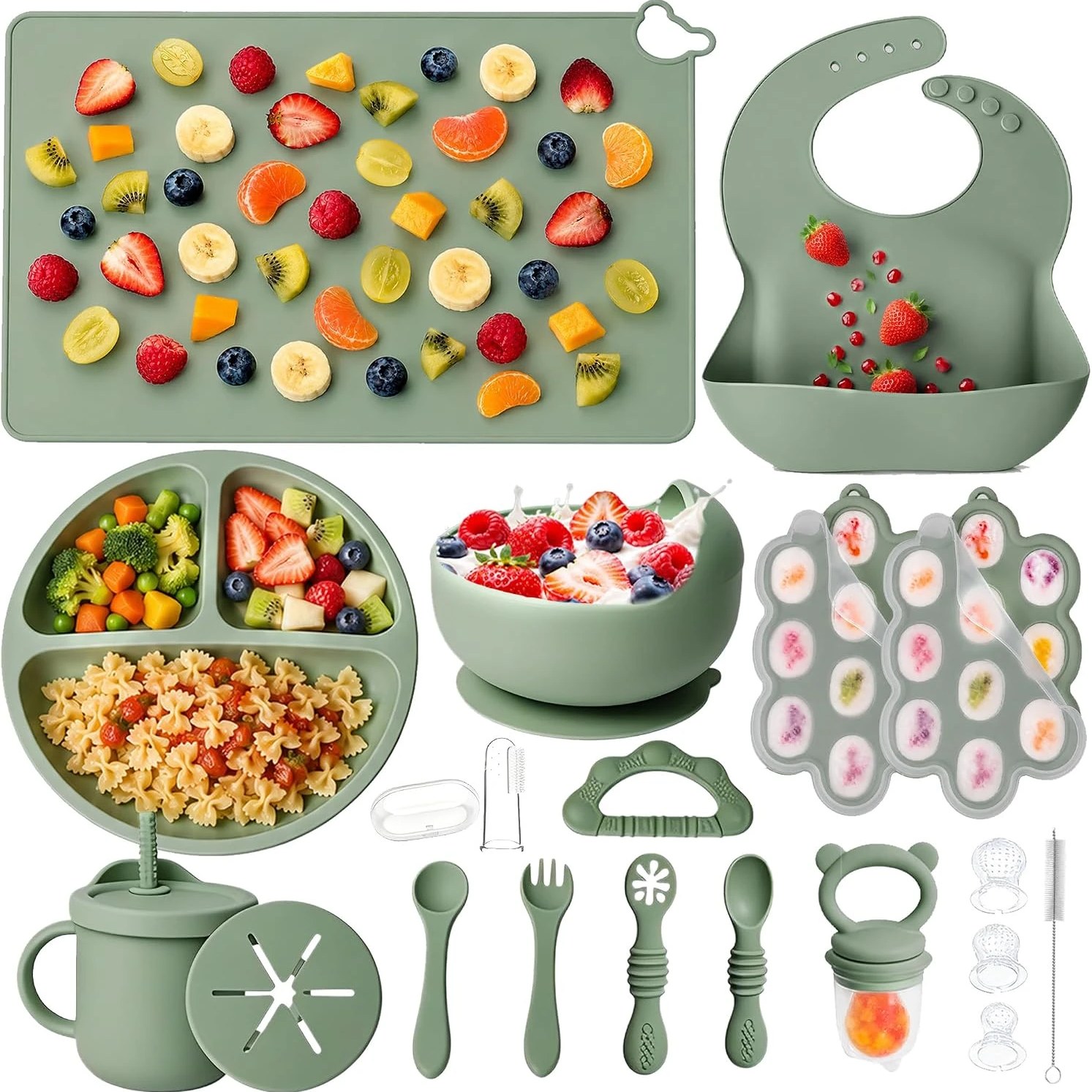 Ololiy 19 Pcs Silicone Baby Feeding Set – Suction Plate, Bowl, Bib, Sippy Cup & Utensils (6M+, Green)